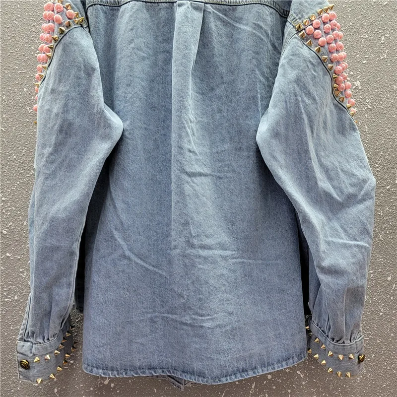 Spring Women Blue Denim Shirt Jacket Rivet Pearl Beaded Heart Pattern Casual Loose Long Sleeve Jeans Jackets Female Streetwear