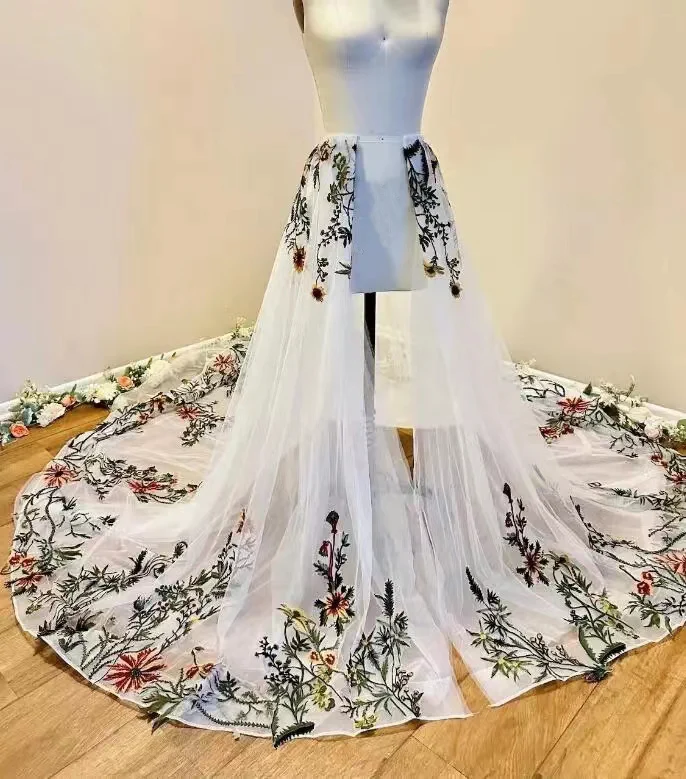 Jupe amovible brodée de fleurs colorées pour patients, robes de mariage Boho, pardessus de plage bohème, train parfait