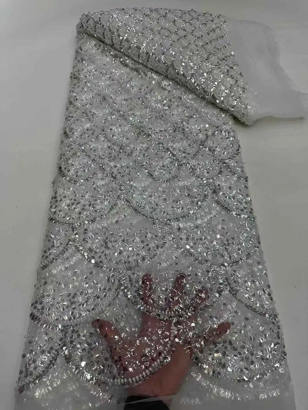 

2025Latest Best Quality Soft Pure white Elegant Tulle Lace With Lots Stones Fabric for Bride Wedding Party Dress NN6528_z