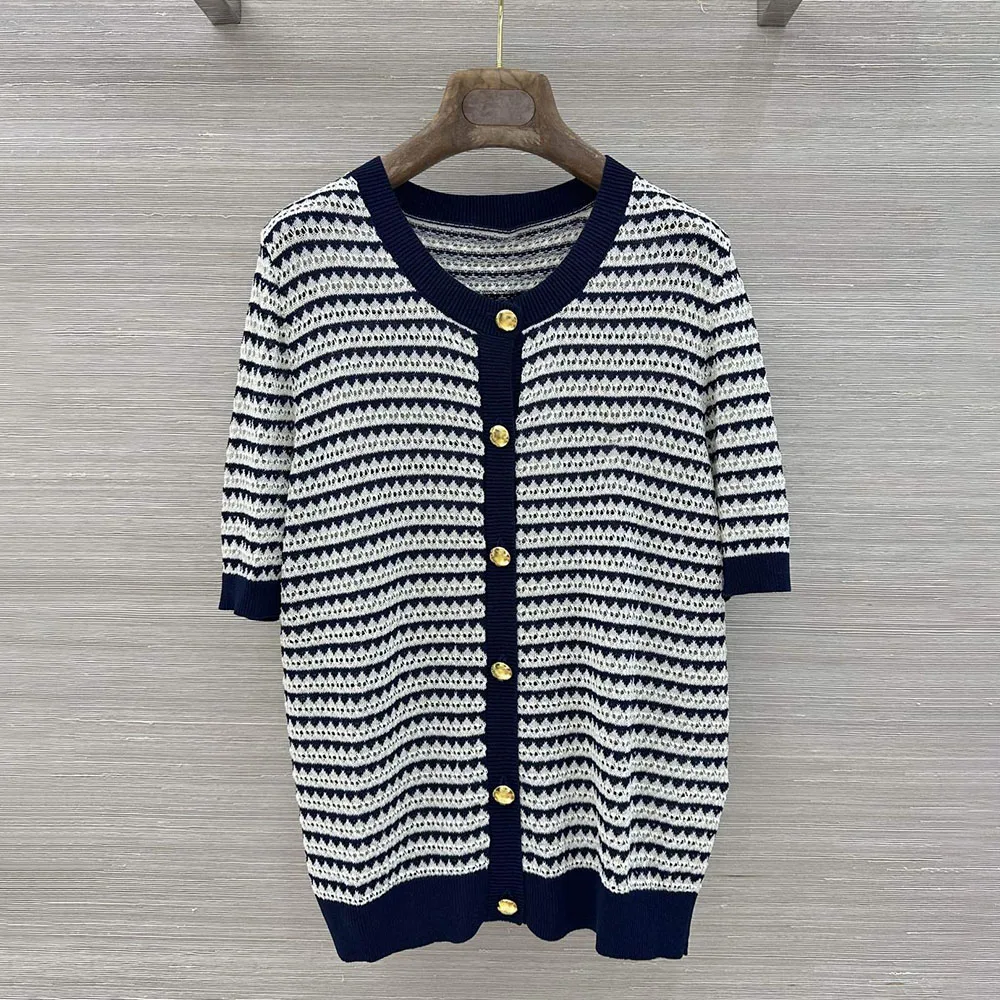 

High-quality 2026 new women's striped short-sleeved round-neck top with buttons Casual and fashionable xy26420118