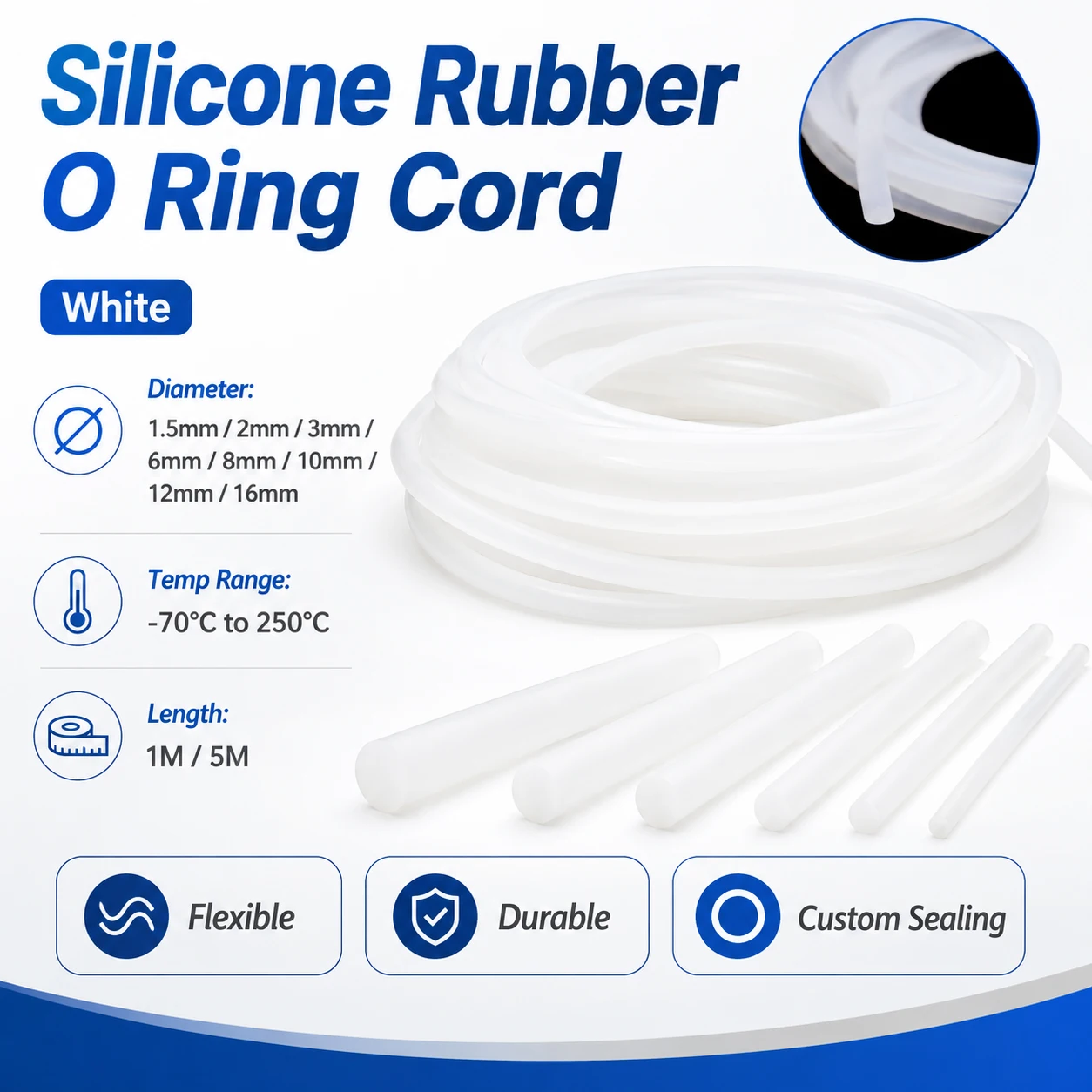 1-5m Silicone Seal Cord 1.5-16mm, White Solids Rubber O-Rings Gasket Strip High Temp Waterproof for DIY & Industrial Repair