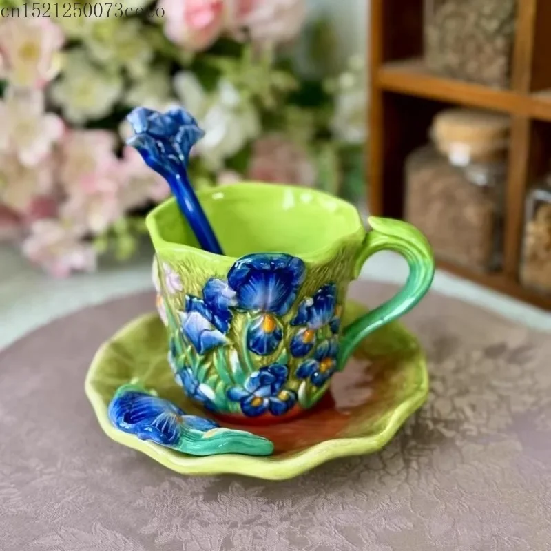 200mlHand Drawn Underglaze Colored Coffee Cup Dish Set Creative Coffee Exquisite Mug Black Tea Cup Sunflower Flower Art Gift