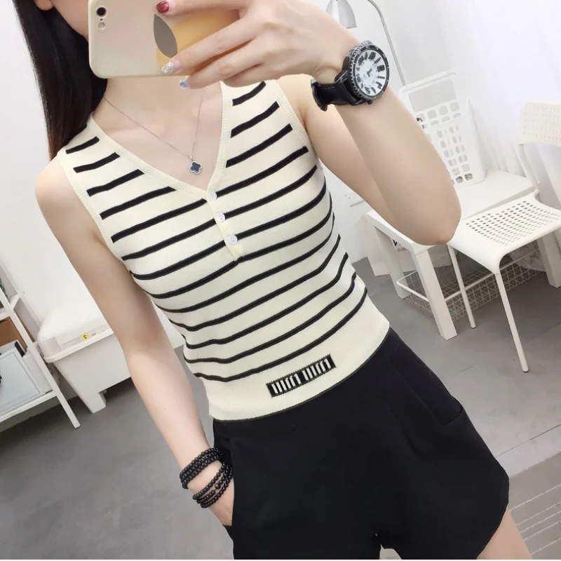 Summer New Short Ice Silk Sling Striped Tank Women\'s V-neck Button Slim Elastic Versatile Fashion Knitted Sleeveless Top 2024