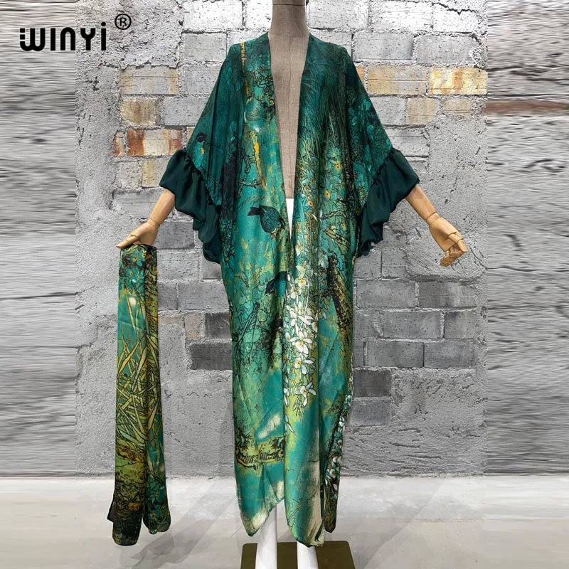 WINYI Fashion print Self Belted dress Women Elegant Summer holiday Bubble sleeve cardigan beach Wear Swim Suit cover up kimono