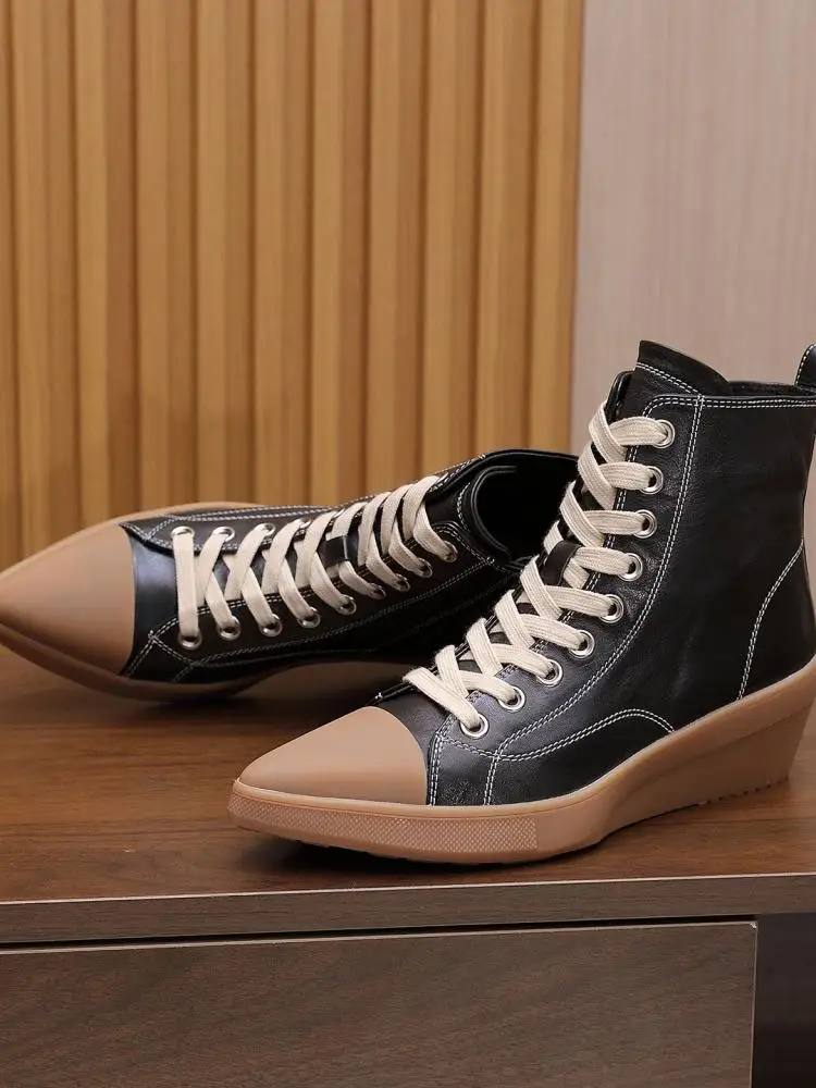 Leisure Ladies Genuine Leather Chunky Heel Pumps Versatile Solid Color Horsehide Pointed Toe Cross-Tied Platform Footwear