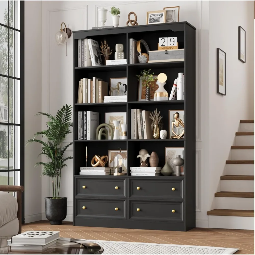 Black bookshelf with 4 drawers, 6-story double width bookshelf, suitable for home offices, black