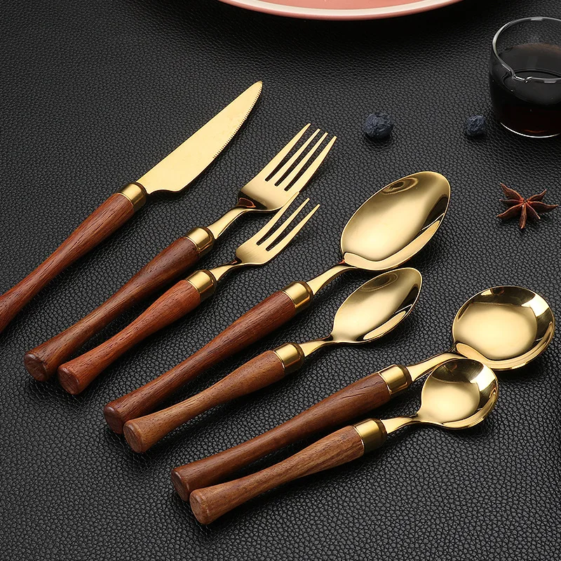 

Jaswehome 7Pcs Stainless steel Cutlery Set Rosewood Handle Golden Steak Knife Steak Fork Spoons Ergonomic Western Dinnerware