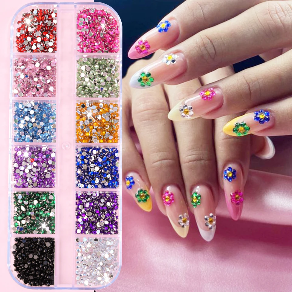 12 compartimentos de gemas navideñas mini surtidas para uñas, 2mm, cristal de lujo, brillantina, rhinestones rojos/azules planos, piezas navideñas 6