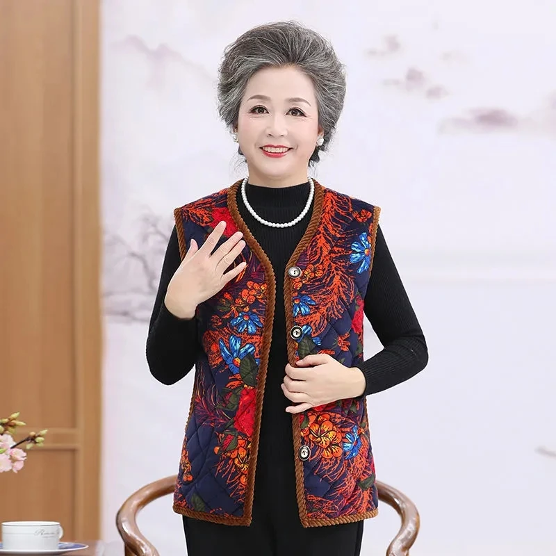 

New Printed Fleece Vest Coat Female Sleeveless Jacket Grandma Thicken Warm Waistcoat Middle-aged Mother Vest Autumn Winter