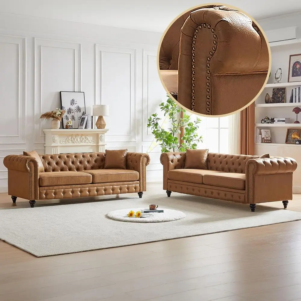 

Brown 2-Piece Living Room Sofa Set with 3-Seater Sofas, Button Tufted and Copper Nail Trim, Pillows Included