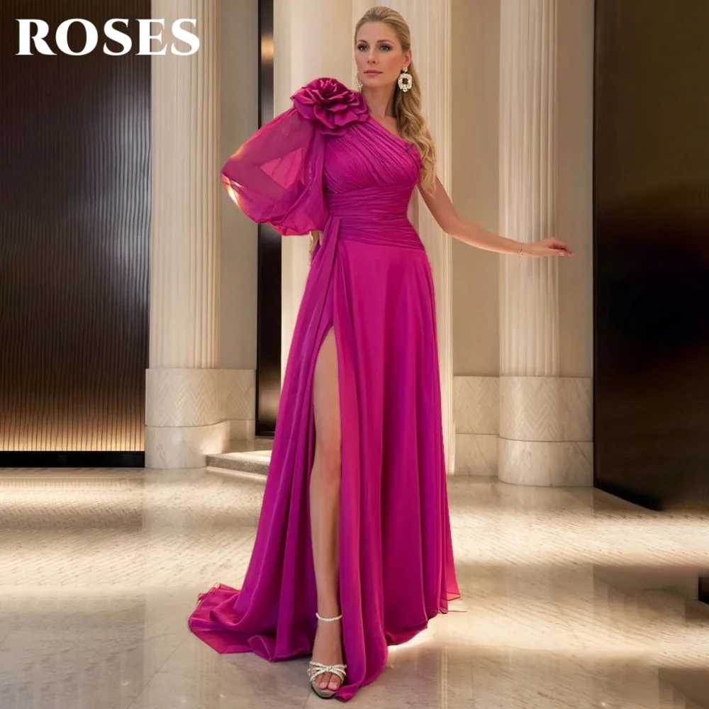 

ROSES Fuchsia A-Line Party Dress with 3D-Flower Split Night Dress One Shoulder Chiffon Puffy Sleeve Evening Dresses Customized