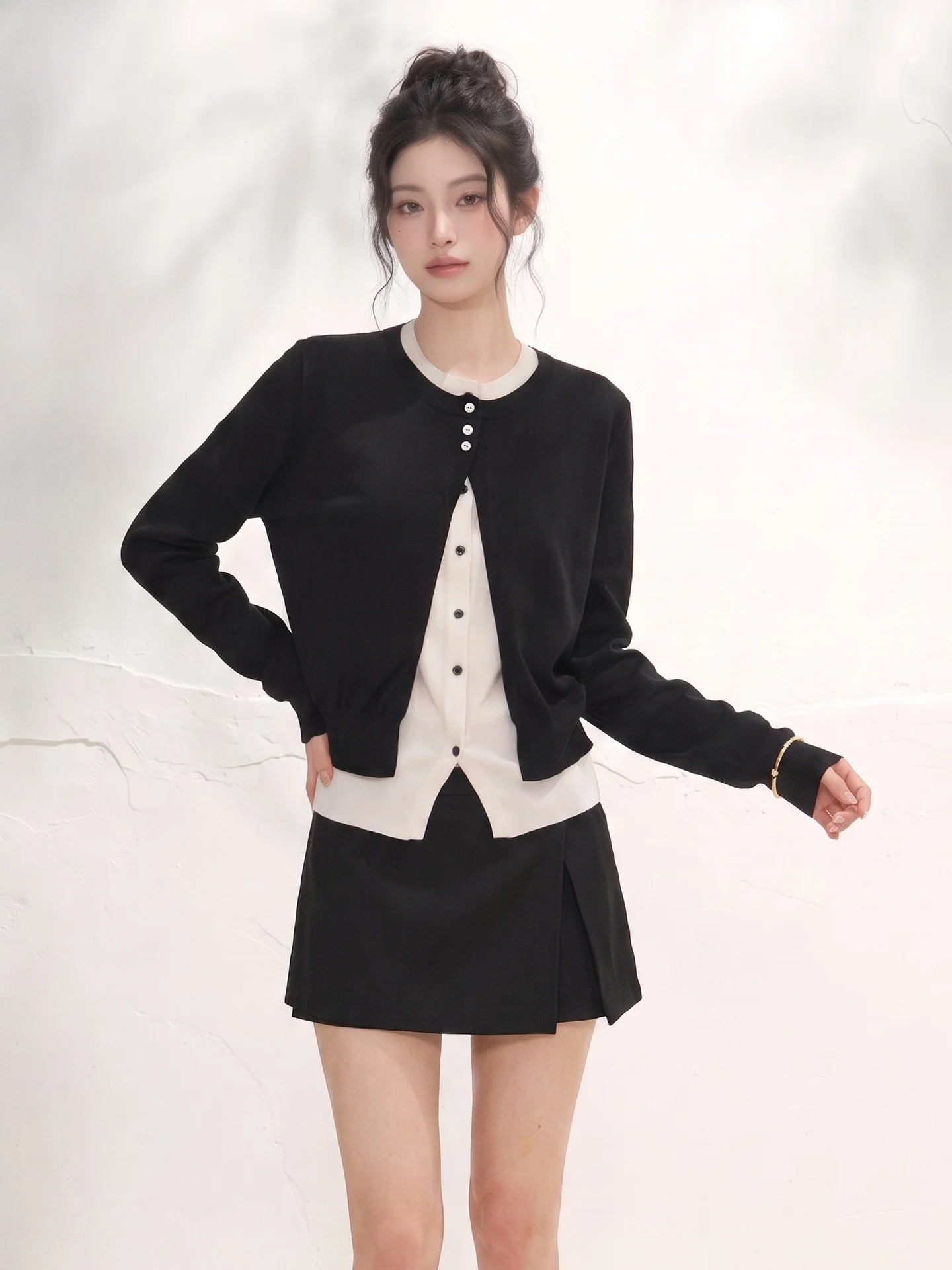 LIXIAOWAN Korean Style Knitted Long Sleeve Women's Inner Wear Cardigan Autumn Fashion Set High Waist Graded Pattern