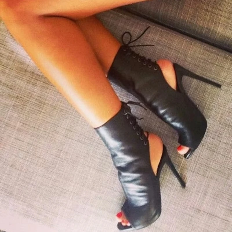 

Black Matte Leather Peep Toe Ankle Boots Back Hollow Lace-up Women Gladiator High Heels Short Booties Spring Autumn shoes