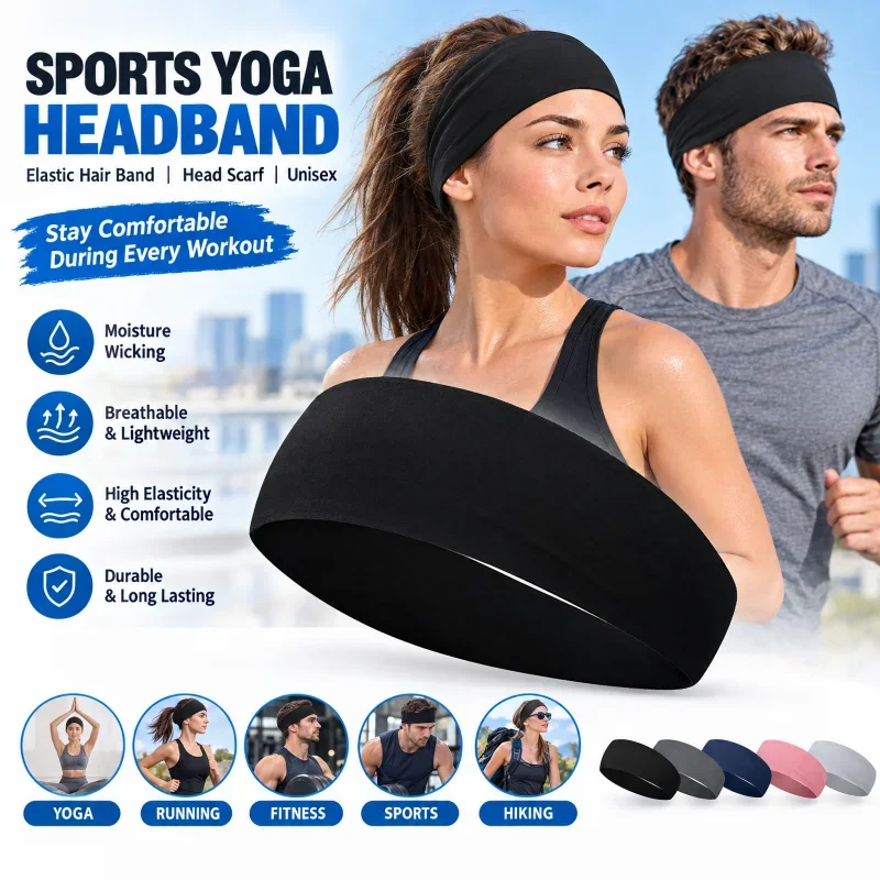 Sports Headband for Men Women Solid Color Dry Quickly Fabric Headband for Outdoor Running Cycling Yoga Gym and Workout Sweatband