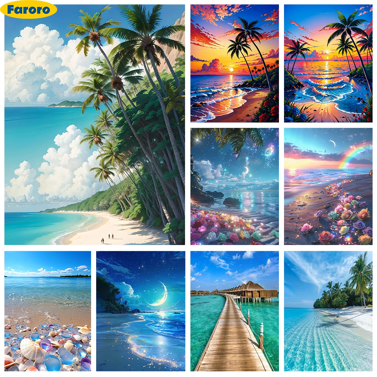 Beach 5D Diamond Painting Kit Palm Tree Branches Diy Diamond Embroidery Cross Stitch Coconut Tree Picture Home Wall Decor Hand