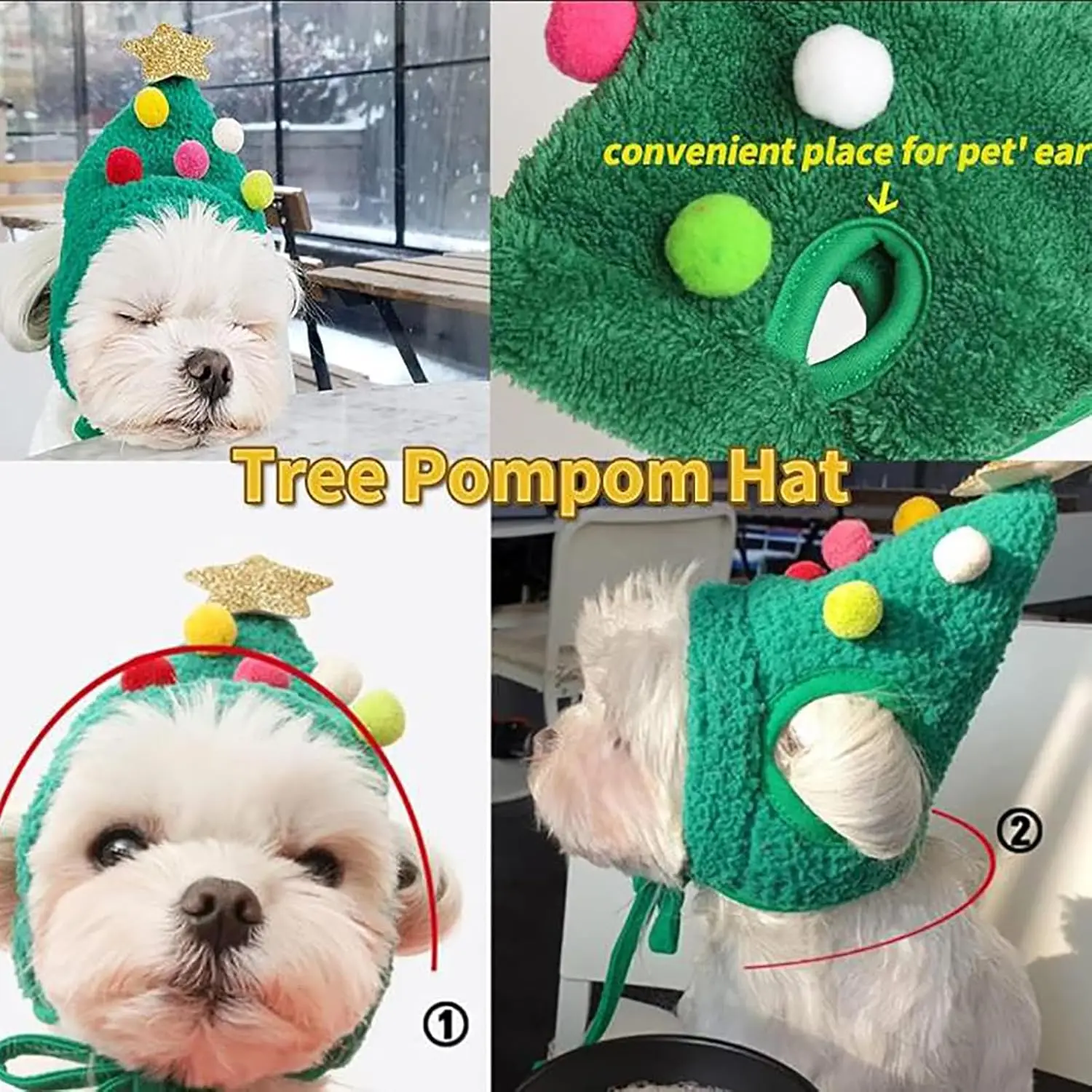 Christmas Tree Pom-Pom Hat, Dog Santa Hat, Dog Christmas Hat, Funny Soft Pet Hat for Dogs, Christmas Velvet Headdress Hat