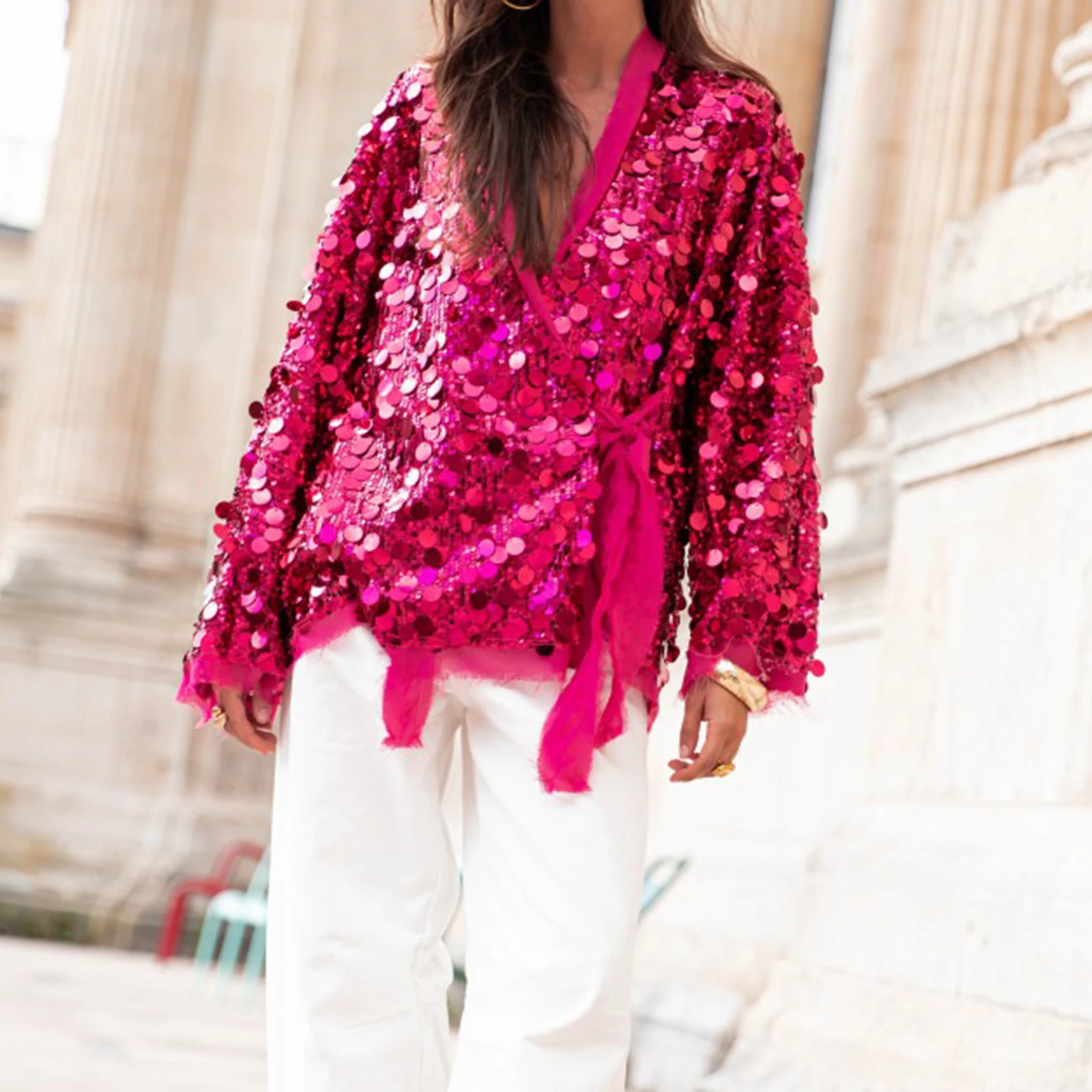 2025 Cardigan con paillettes scintillanti da donna nuovo con scollo a V e cravatta frontale a maniche lunghe, top scintillanti