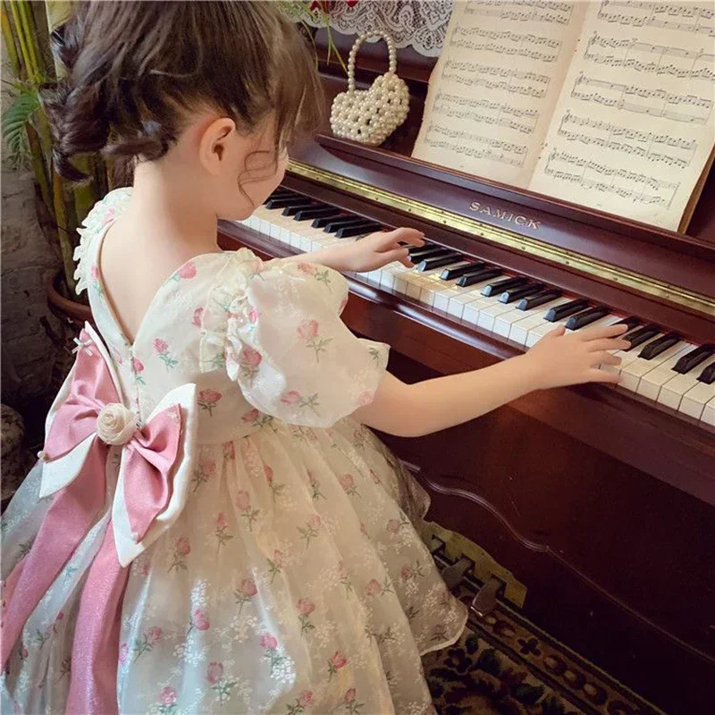 Sommer Mädchen 1–8 Jahre Blumenrosen Prinzessin Kleid Spitze abgestufte Schleife hinten Perlenakzent knielang Party Geburtstagsfeier – Detail 5