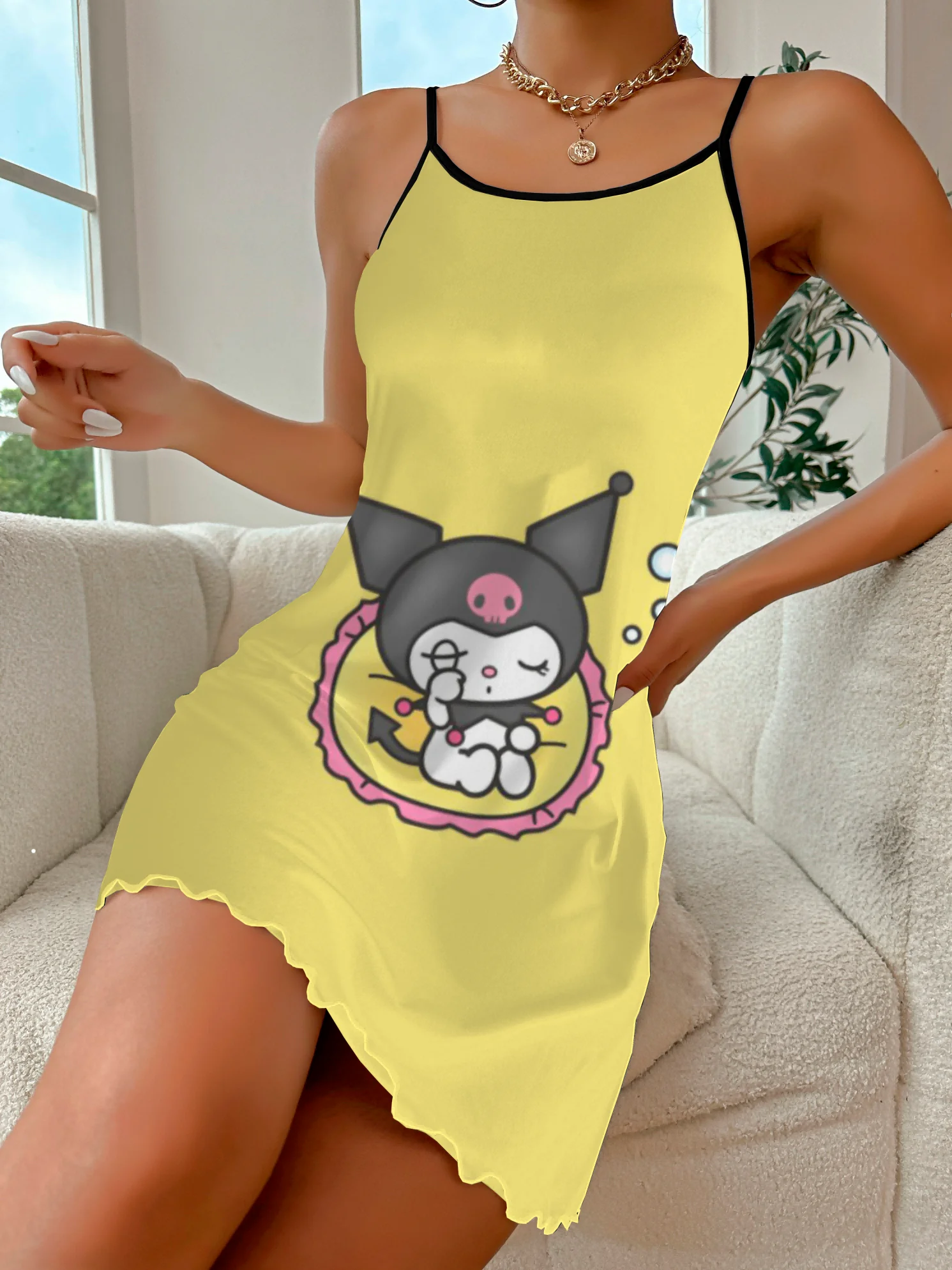 

Pajama Skirt Crew Neck Home Dress Lettuce Trim Elegant Dresses for Women Fashion Summer Dresses 2024 Kuromi Disney Chic Mini