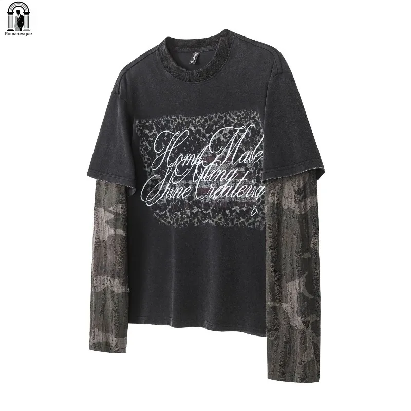 Vintage Washed Double Layer Long Sleeve T-Shirt | Camouflage Mesh Sleeve & Leopard Script Print | Streetwear for Men