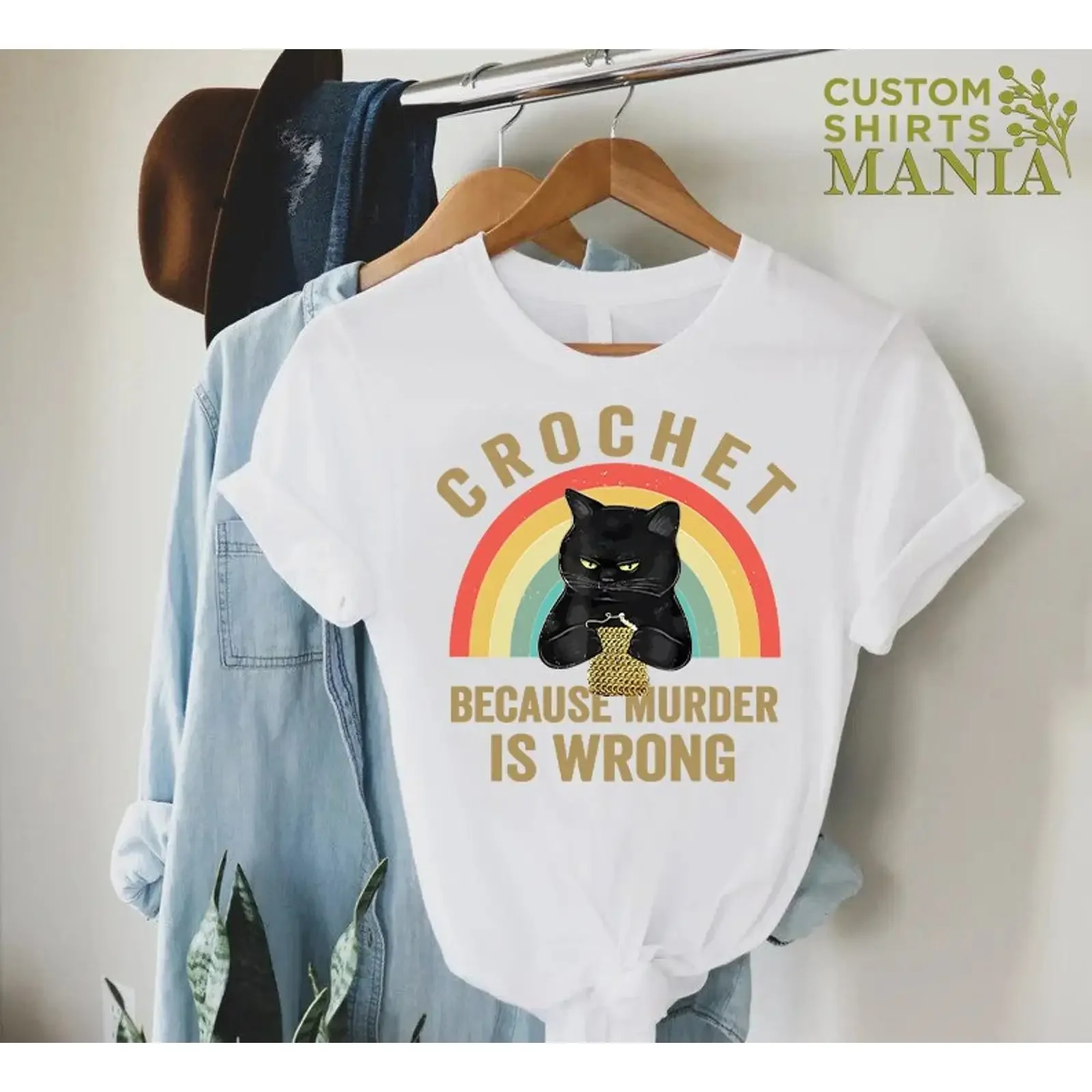 Funny Crochet CaT T Shirt Because Murder Is Wrong for Lovers Mom Cute Crocheting Quote vintage Washed Stretched graphic homme