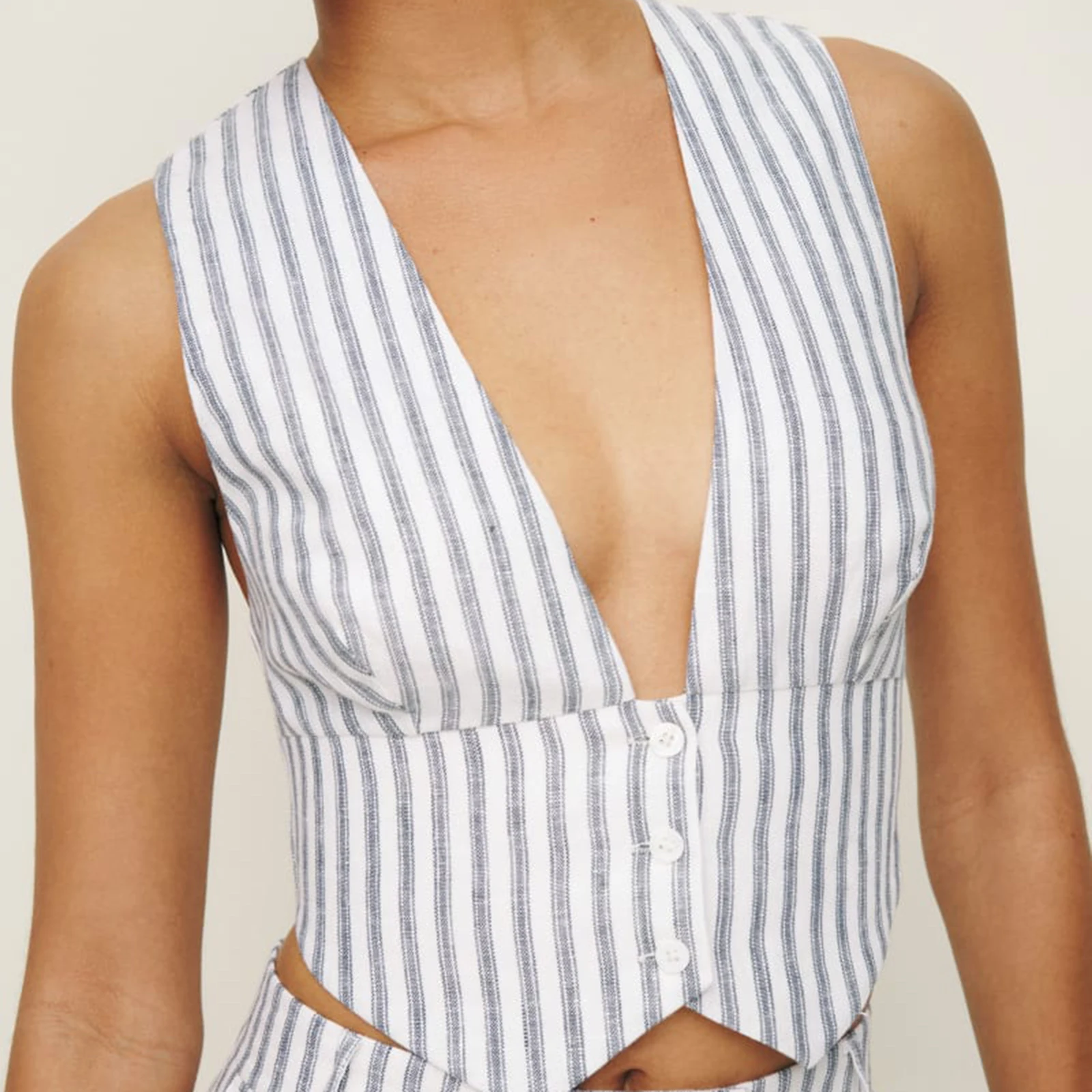 Women's Elegant Fashion Deep V Cropped Vest Tops Stylish Solid/Stripes Sleeveless Button-up Summer Gilet for Party Street Work