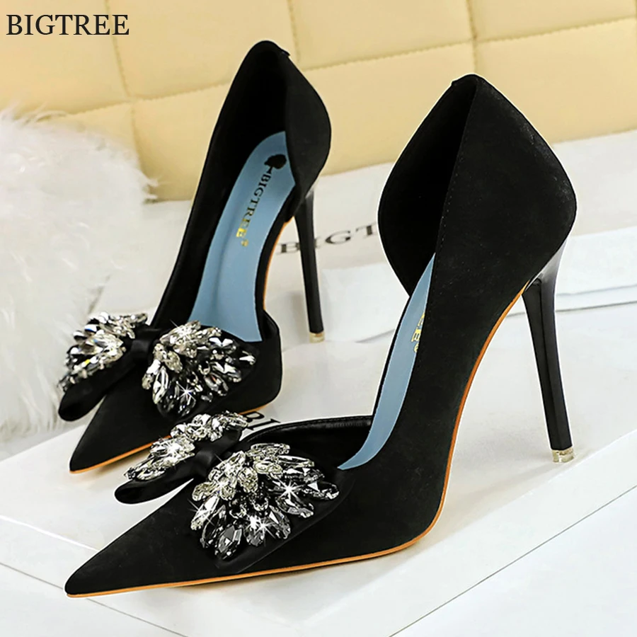 

BIGTREE Luxury Crystal Butterfly-knot Shoes Autumn 7.5/10.5cm Heels Black Ladies Office Pointed Stiletto Sexy Party Women Pumps