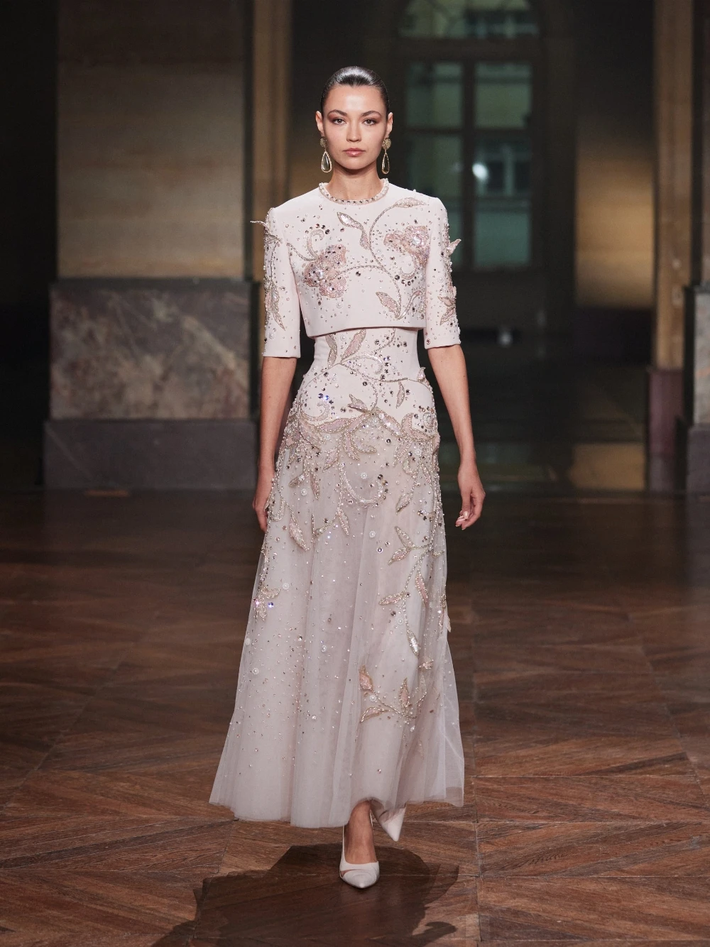 Beaded Floral Embellished Two Piece Blush Pink Half Sleeve Tulle Evening Dress Luxury Formal Dubai Prom Party Gown Customized