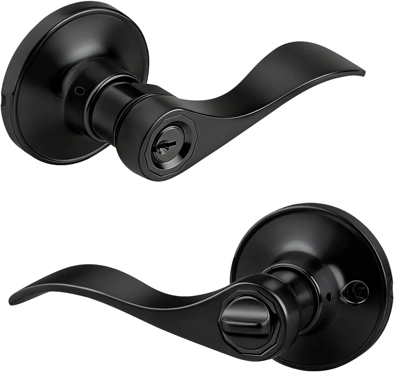 

Matte Black Door Lever Handle with Lock and Key, Wave/Drop Style for Exterior Interior Doors