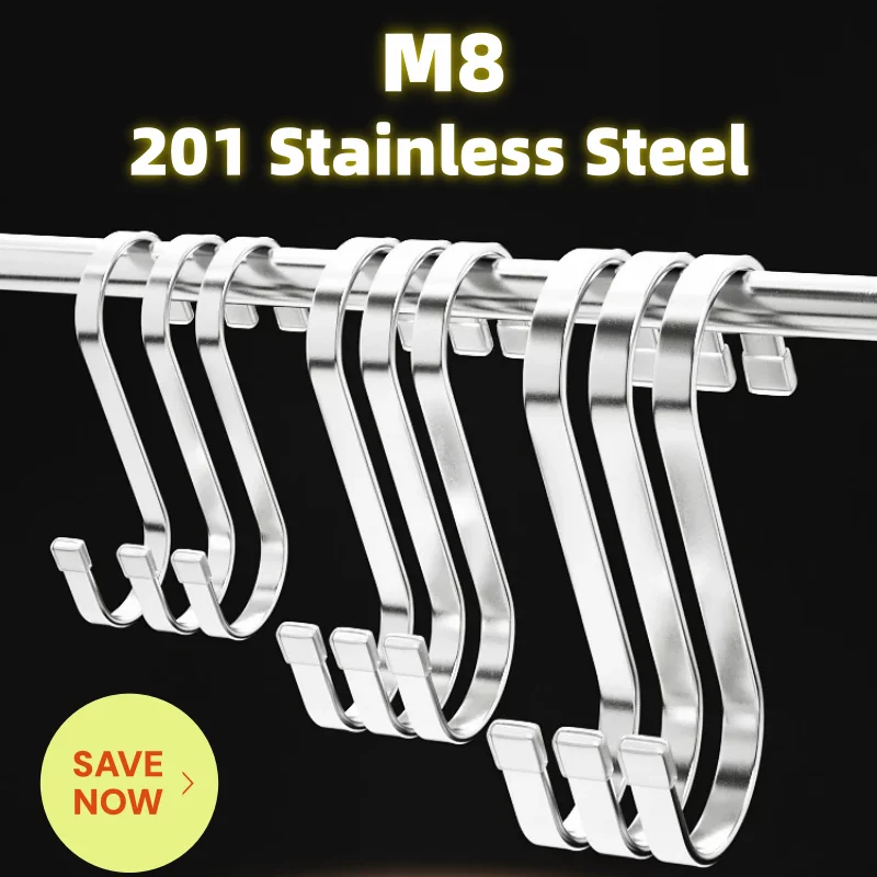 201 Stainless Steel Flat S Shape Hanging Rack Hooks M8 S Type Hook For Hanging, Metal Kitchen Pot Pan Hanger Storage Rack Closet