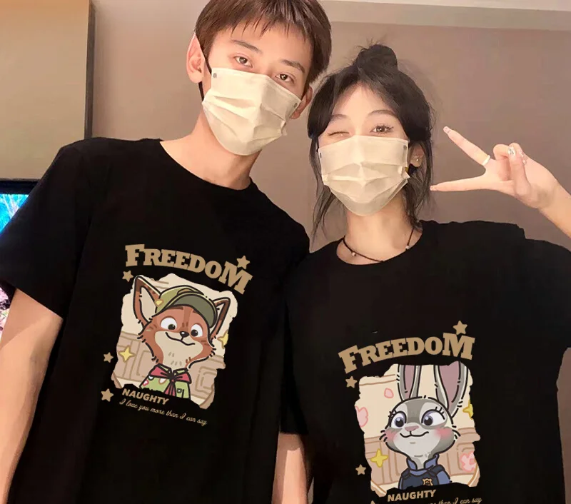 Street Y2K music summer dress crazy Zootopia T-shirt Jude Nick couple short sleeve loose top trend men and women 100%