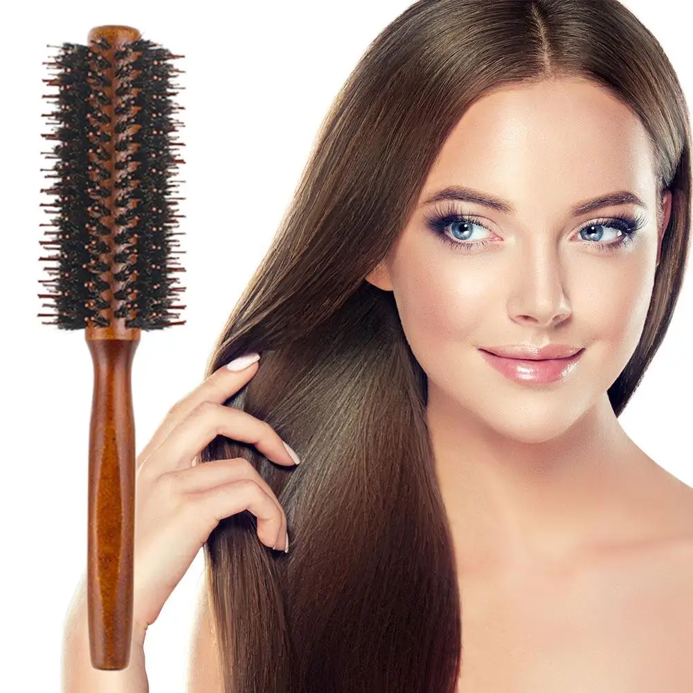 Натуральная щетина кабана, вращающаяся щетка для вьющихся волос, расческа для вьющихся волос из цельного дерева, круглая бочка, расческа для вьющихся волос, инструменты, 1 шт. Q8t9
