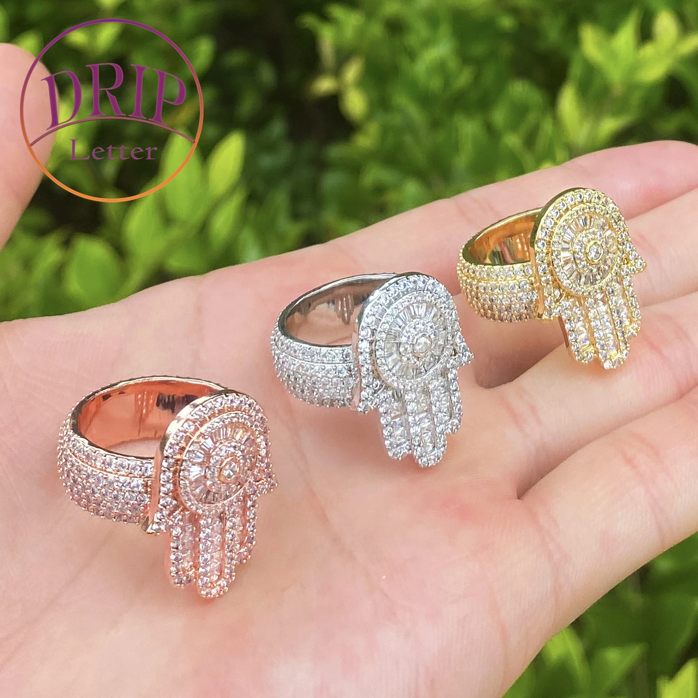 

Drip Letter Iced Out Hamsa Hand Ring for Men Real Gold Plated Cubic Zirconia Hip Hop Jewelry