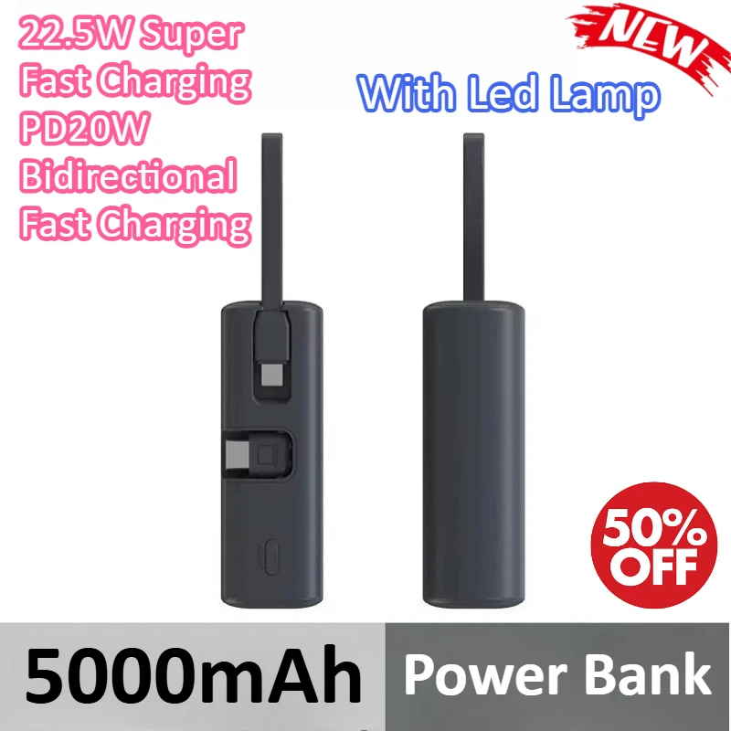 

5000mAh Power Bank 22.5W Super Fast Charging PD20W Bidirectional Fast Charging with Led Lamp for IPhone for Samsung for Huawei