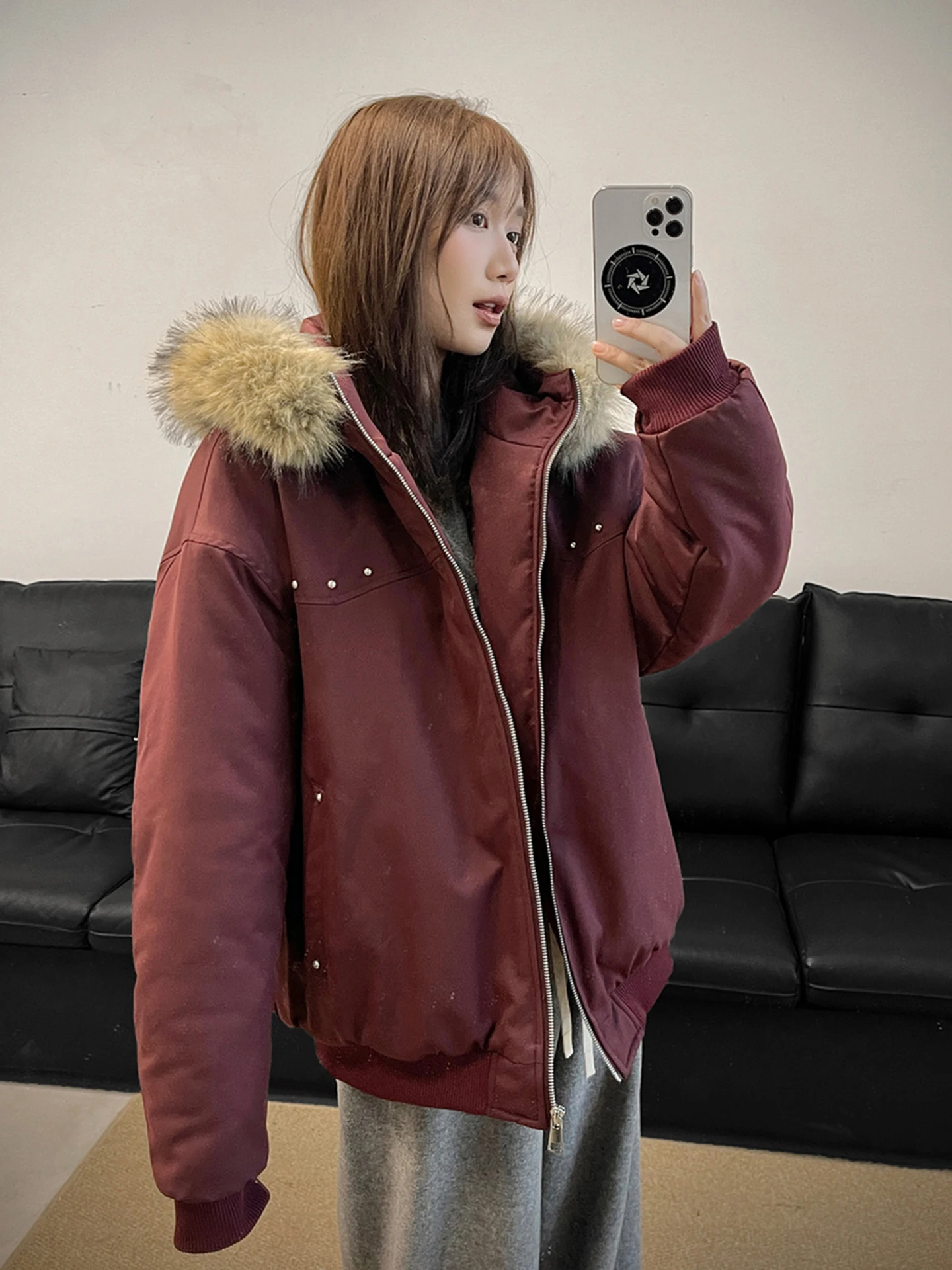 

Куртка-пуховик унисекс с меховым воротником цвета красного вина, зимняя, утепленная, в американском стиле, из хлопка, теплая, повседневная, с длинными рукавами, на молнии