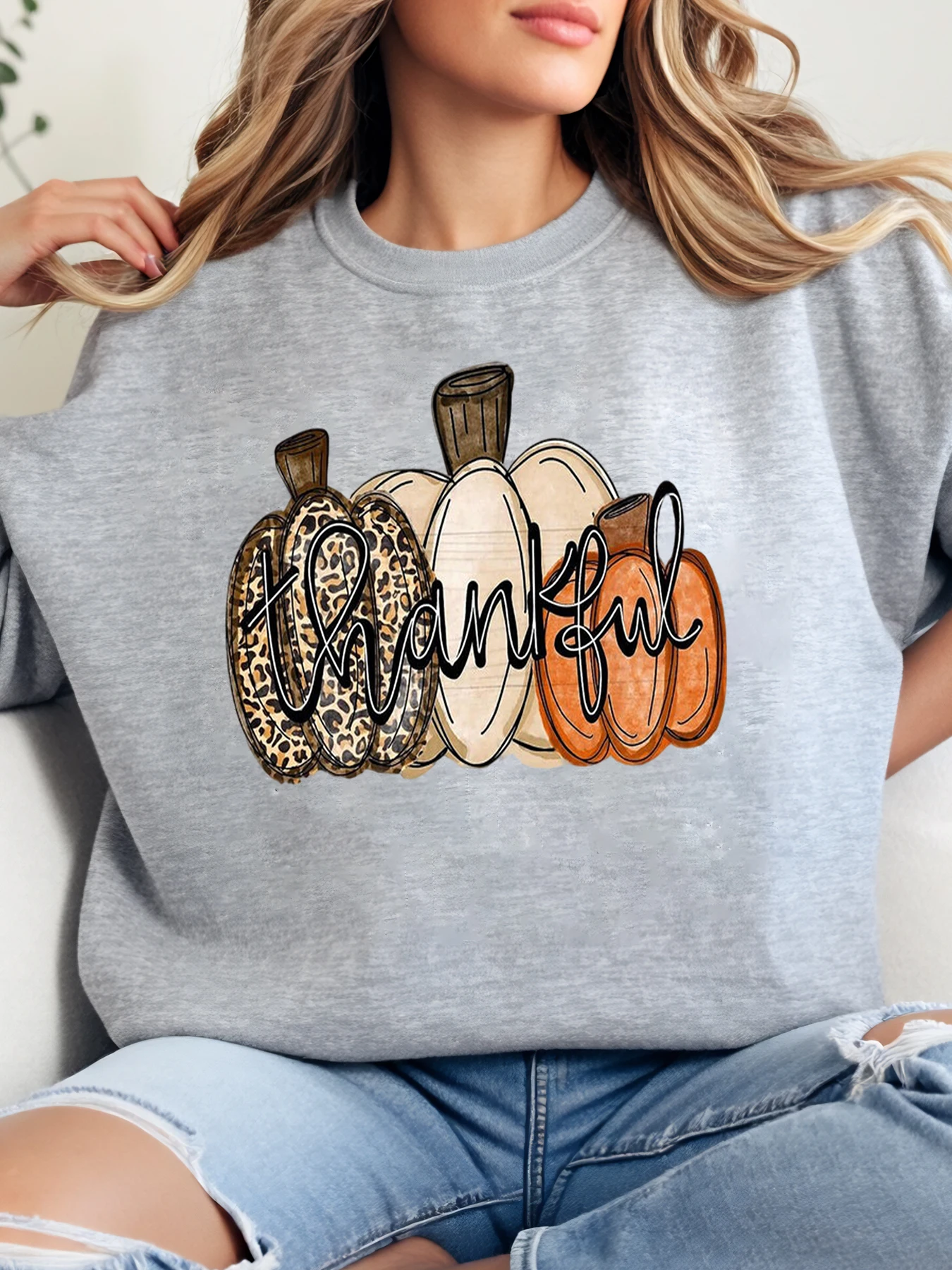 

Женская толстовка большого размера с тыквой и леопардовым принтом «Спасибо» на Хэллоуин, повседневный осенне-осенний наряд, серый, больших размеров