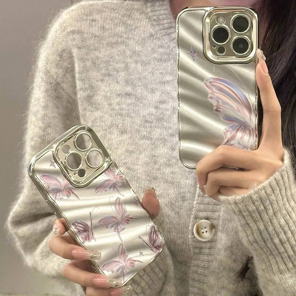 한국 INS 달콤한 나비 전화 케이스, 아이폰 15, 14, 13, 12, 11 프로 맥스, 럭셔리 전기도금 실버, 3D 물 잔물결 소녀 커버