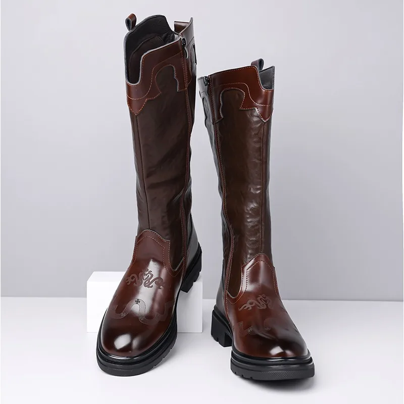 

Men Oversized Thick Soled Fashionable Boots with Patchwork Printing Personalized High-end Feel Casual Motorcycle Boots