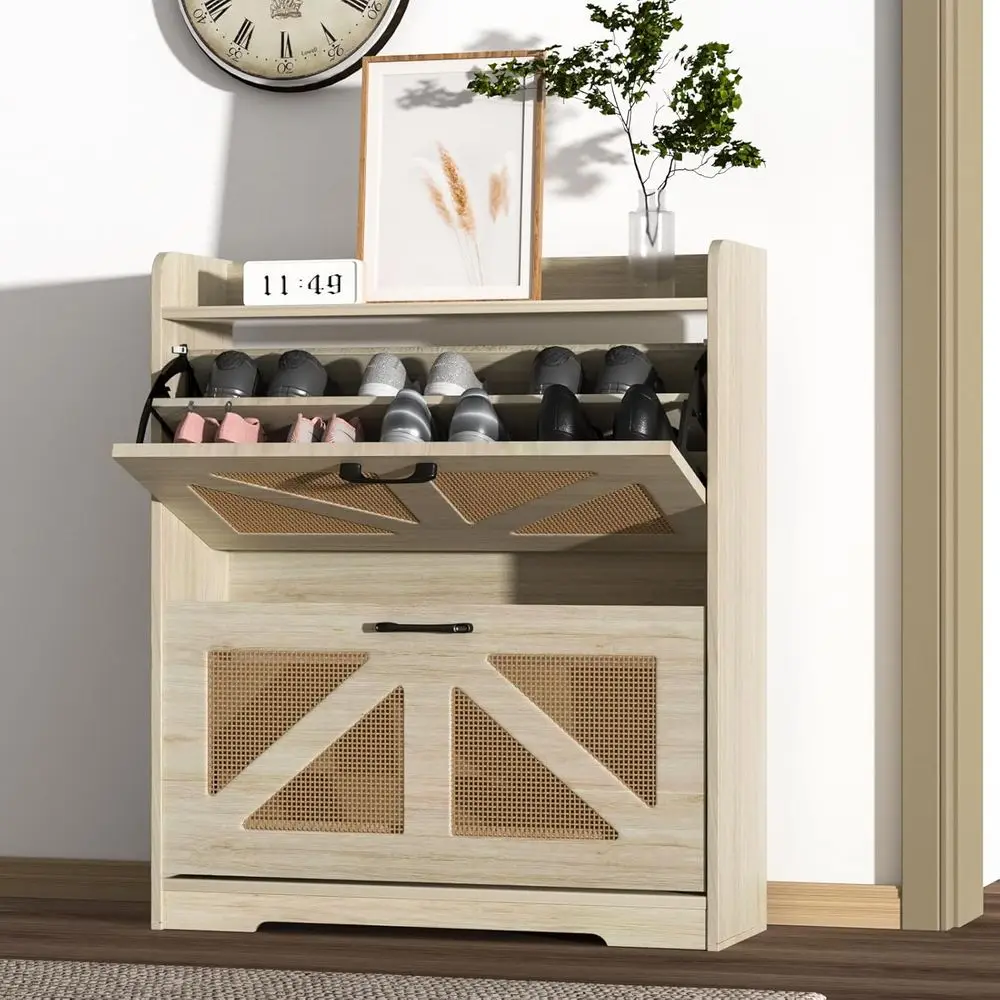 خزانة تخزين الأحذية قائمة بذاتها مع أدراج قابلة للطي، مقبض معدني، أقدام خشبية، رف أحذية نحيف للمدخل، البهو، المدخل، Nat
