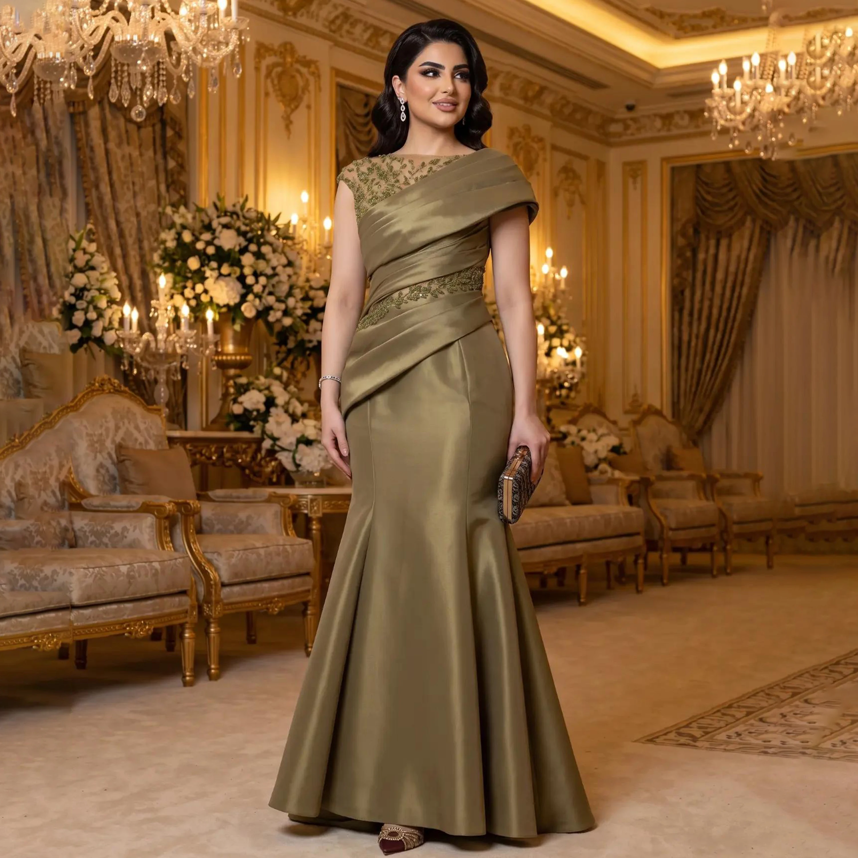 Dubai Olive Green Mermaid Evening Dresses Satin Pleated One Shoulder Beaded Lace Applique Formal Party Gown For Women Customized