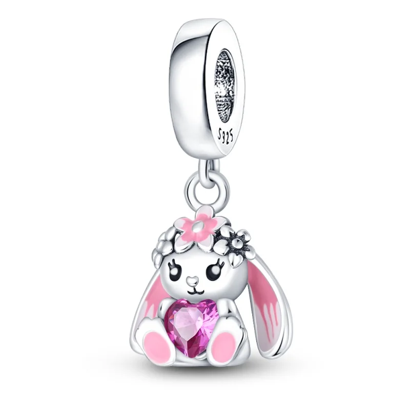 S925 Silver Plated Cute Pink Rabbit Pendants Charms Fit Original Bracelets Fine DIY Birthday Jewelry Gifts