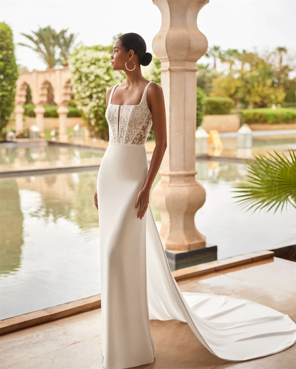 Vestido de novia de satén blanco de ensueño personalizado, vestidos de novia formales sin mangas con cuello cuadrado, vestido de novia Sexy con cola de corte recta