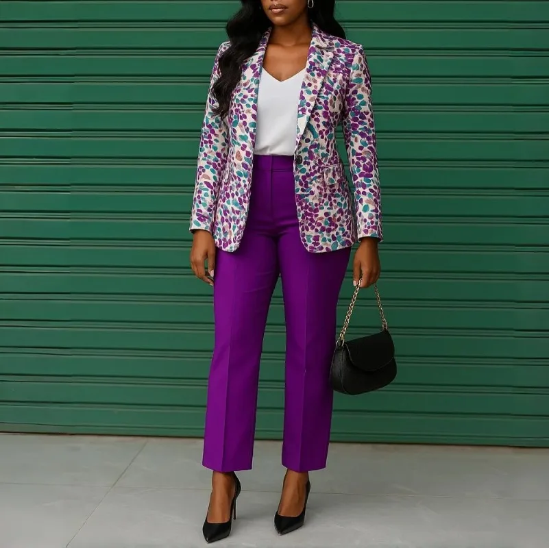 

Elegant Two Piece Set for Women Slim Print Blazer High Waist Ankle-Length Pants African Female Office Ladies Business Suit New