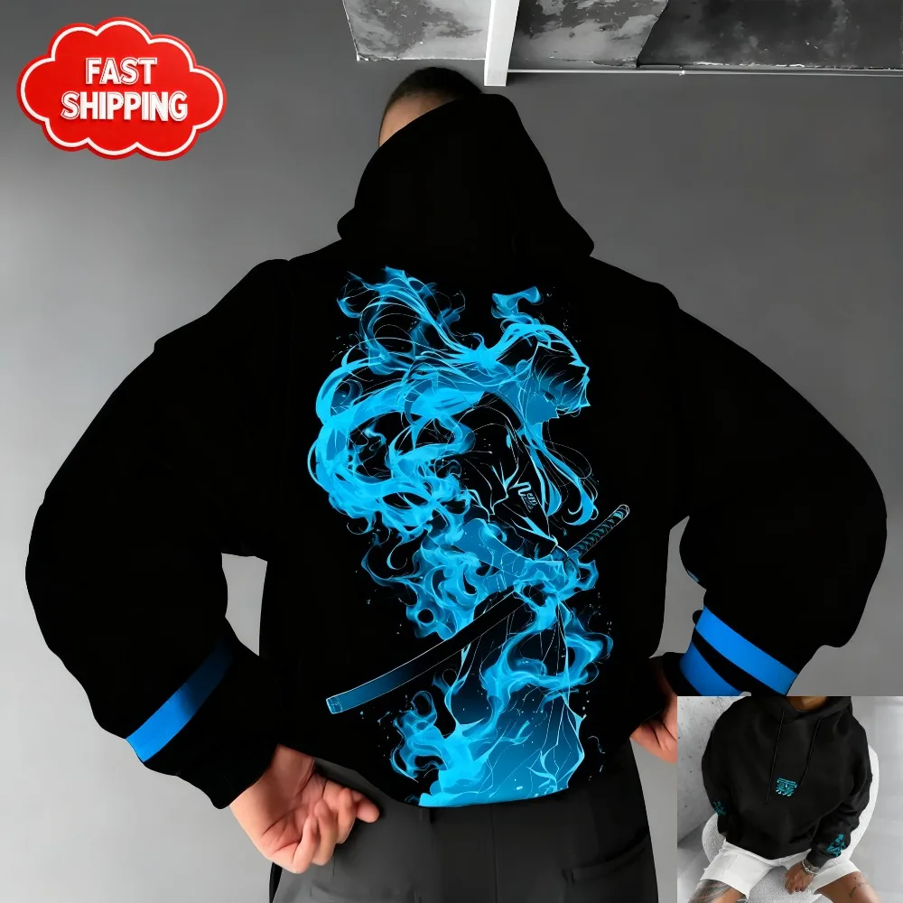 Bluza Kimetsu no Yaiba Demon Slayer Anime Niebieski Wzór Płomienia Męska Damska Bawełniana Oversize Luźny Krój Wygodna Odzież Uliczna Unisex ​