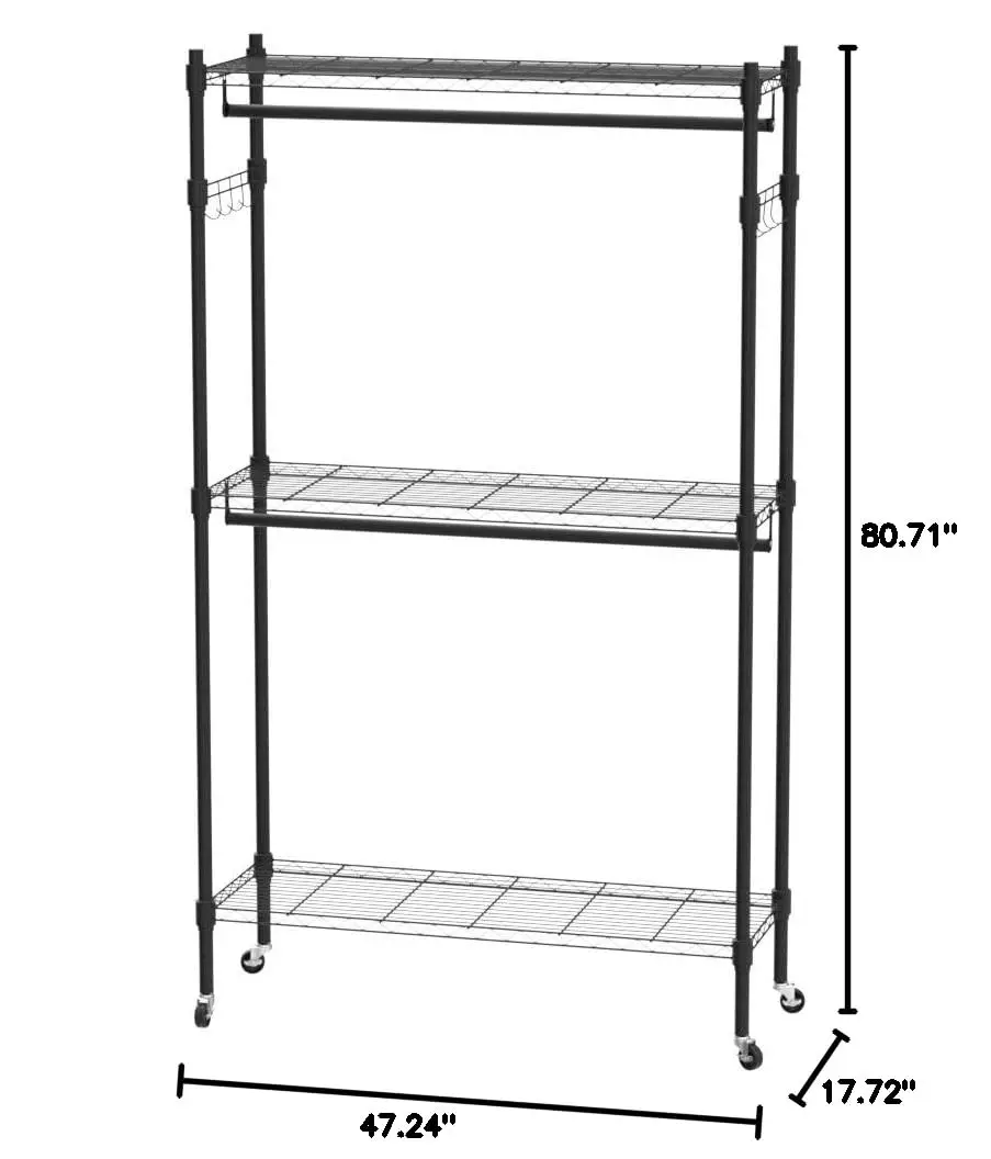 Double Rod Closet Wire Shelving Clothing Rolling Rack Heavy Duty Garment Rack with Wheels & Side Hooks, Customized