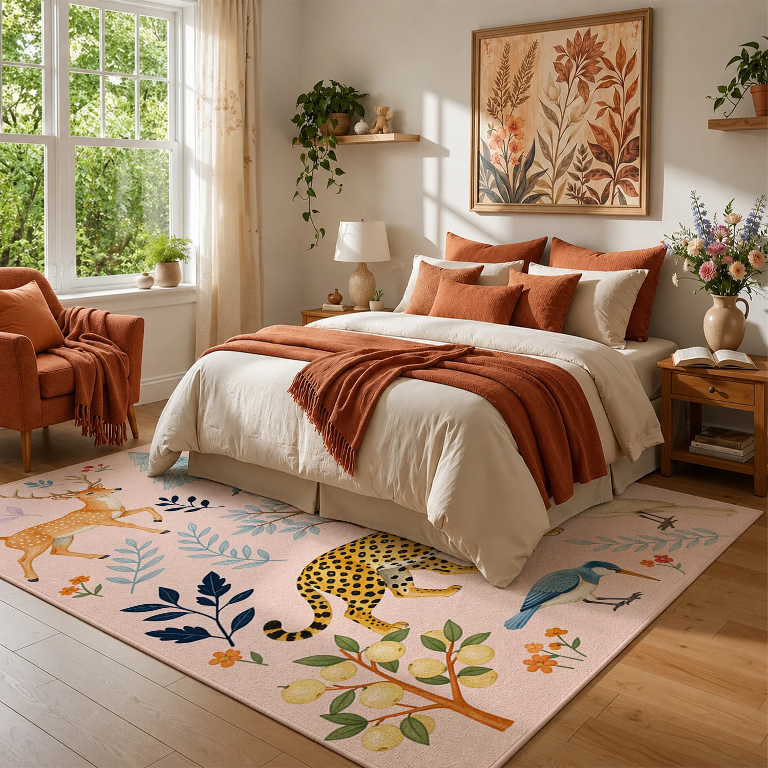Whimsical Leopard Deer Bird Botanical Pattern Velvet Area Rug, Machine Washable Soft Plush Floor Rug for Living Room Bedroom Dining Entryway, Ideal for Halloween Thanksgiving Black Friday Cyber Monday Christmas New Year Home Decor
