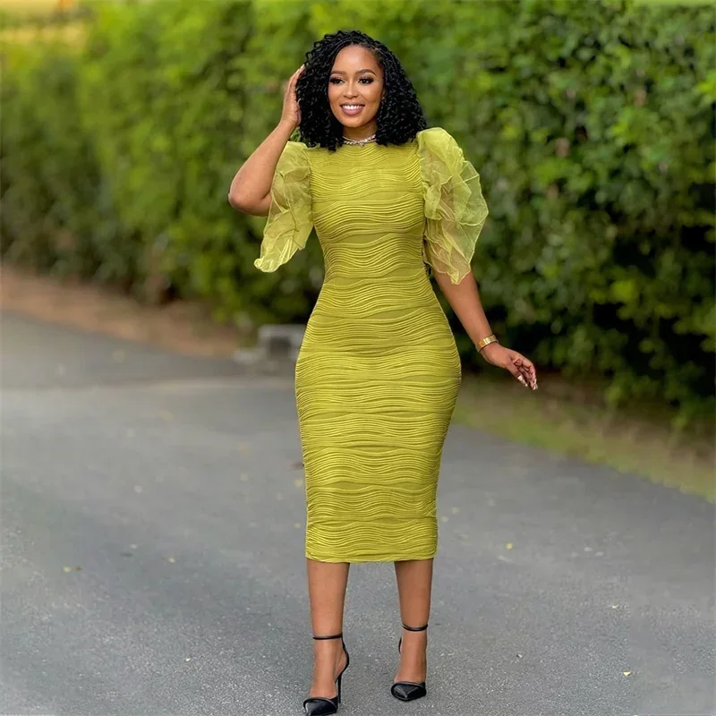 2024 Fashion See-through Ruffle Sleeve Dresses Women Slim Wrap Hip Dress Solid Color Wave Pattern Frock O Neck Female Long Gown
