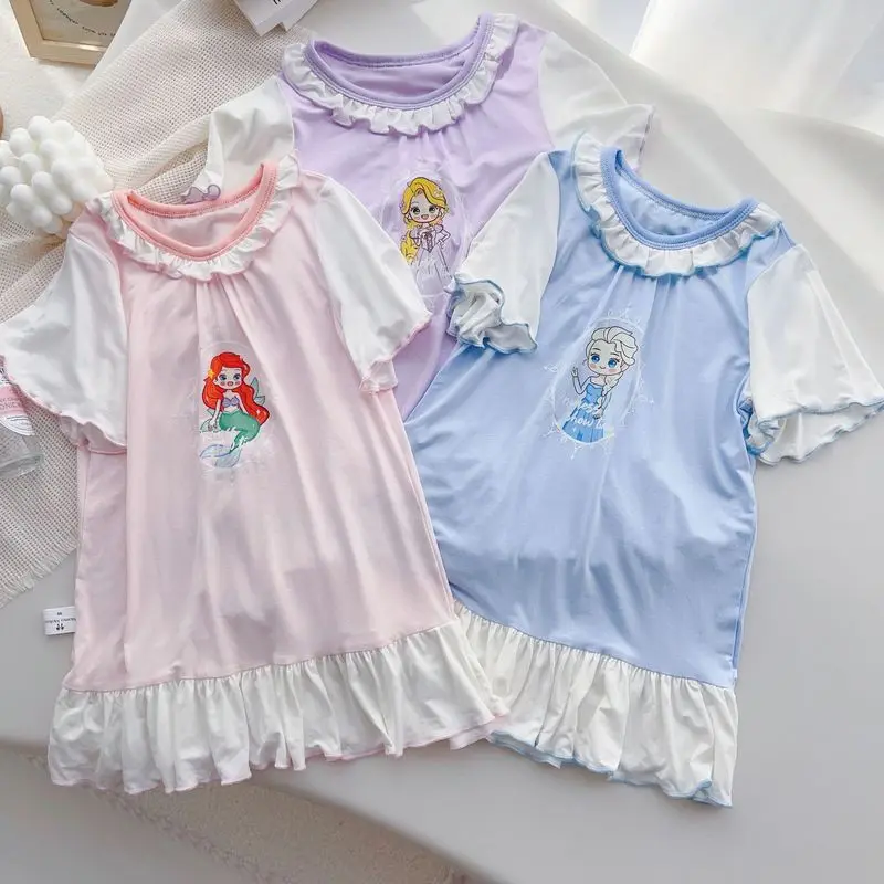 Kawaii Disney Frozen Princess Elsa Mermaid Casual Soft Home Dresses 3-14 Years Children Baby Girl Print Short Sleeves Nightgown