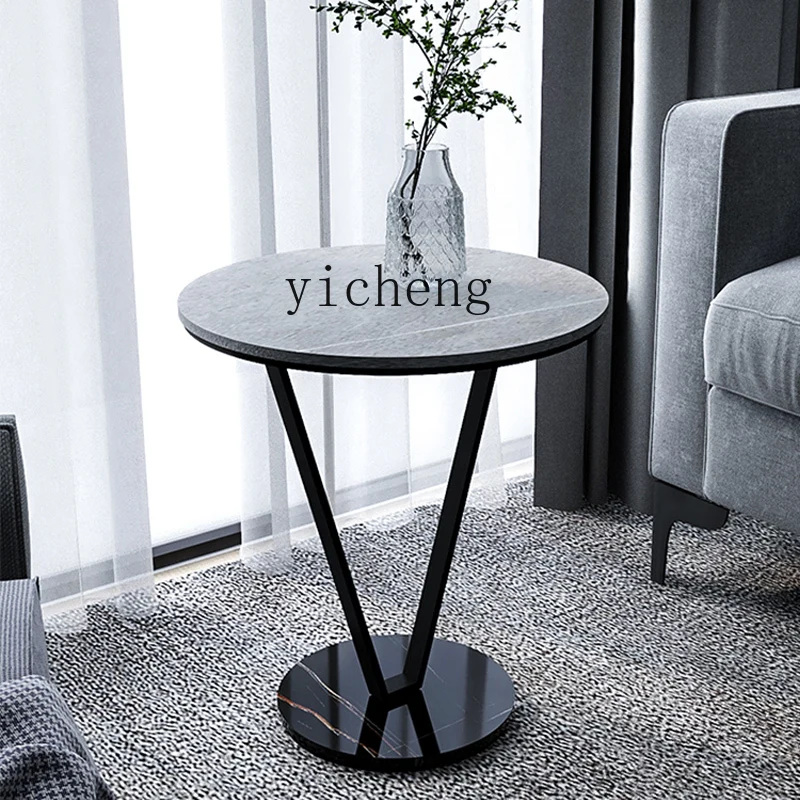 

LSL rock slab living room corner sofa next to small round table balcony marble small table