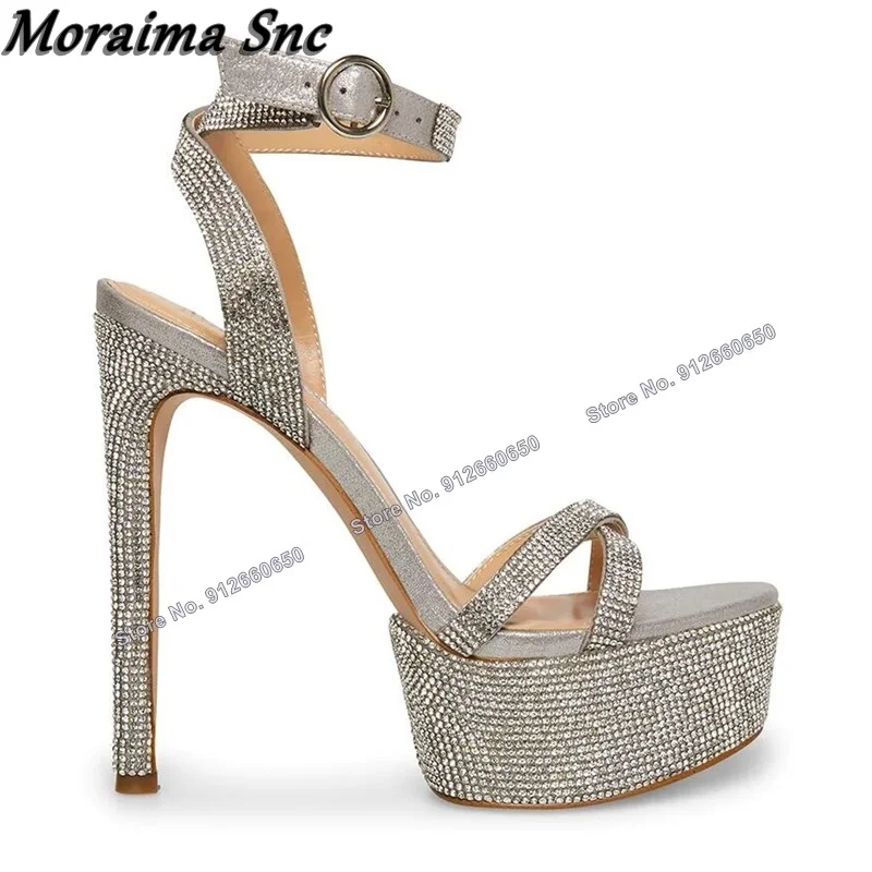 Moraima Snc Band Decor Crystal Platform Sandals Open Toe Stilettos Heels Ankle Buckle Sandals High Heels Wedding Shoes on Heel